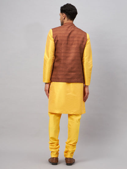 VASTRAMAY Men's Coffee Jacket With Yellow Kurta And Pyjama Set