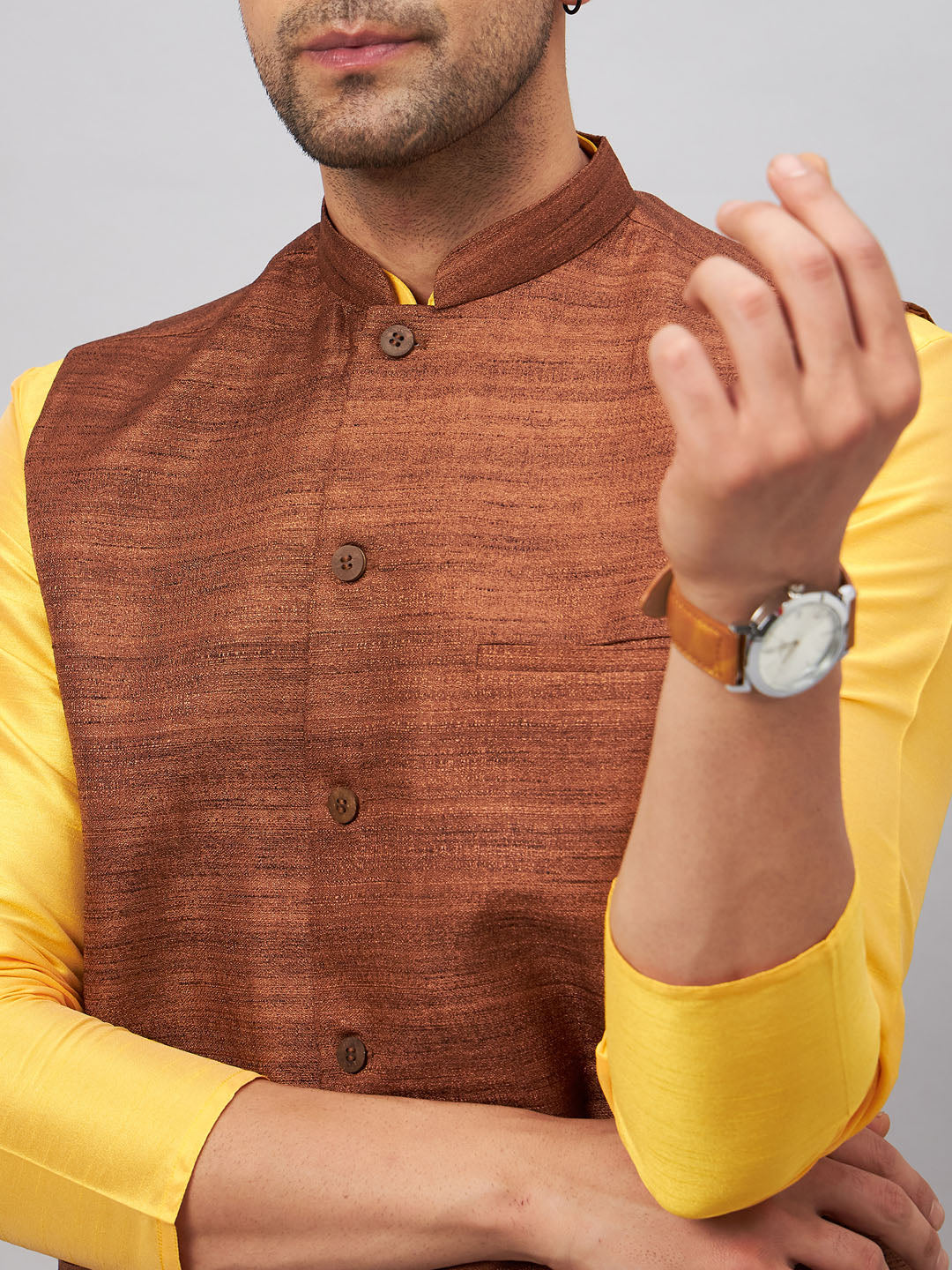 VASTRAMAY Men's Coffee Jacket With Yellow Kurta And Pyjama Set