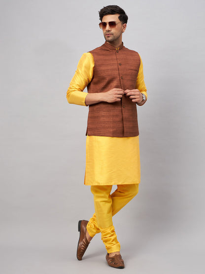 VASTRAMAY Men's Coffee Jacket With Yellow Kurta And Pyjama Set