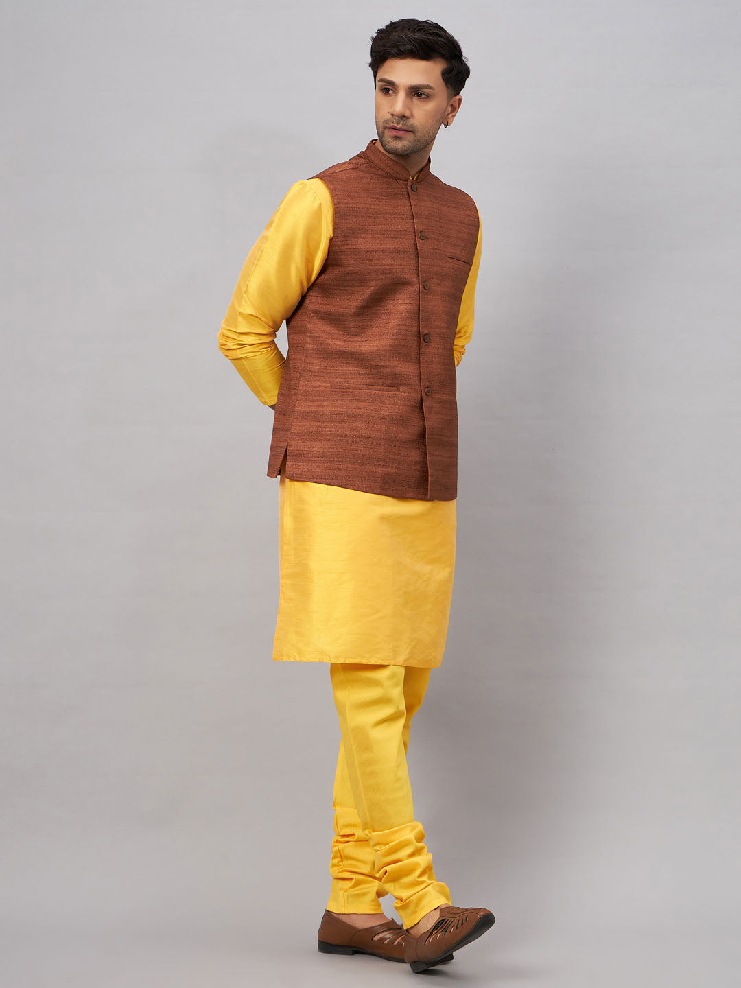 VASTRAMAY Men's Coffee Jacket With Yellow Kurta And Pyjama Set