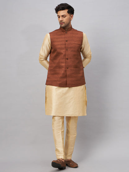 VASTRAMAY Men's Coffee Jacket With Gold Kurta And Pant Set