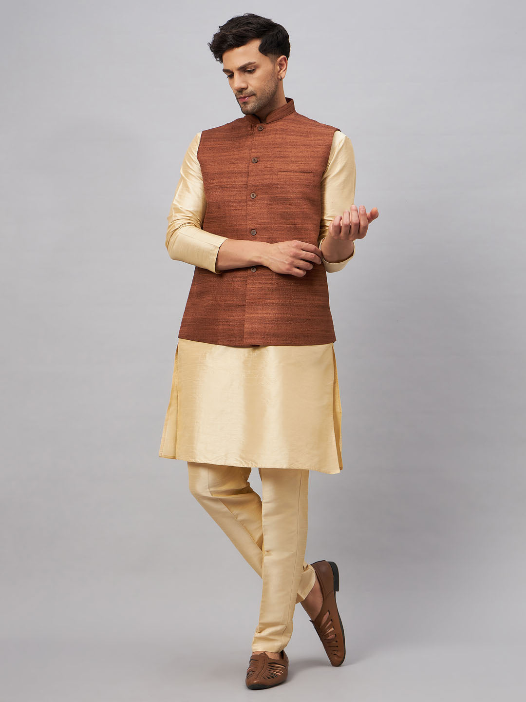 VASTRAMAY Men's Coffee Jacket With Gold Kurta And Pant Set