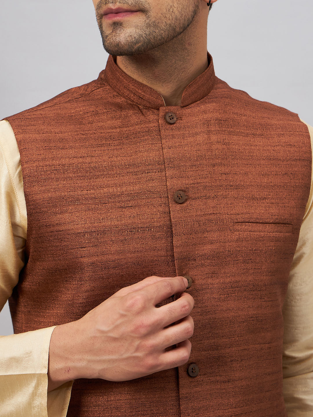 VASTRAMAY Men's Coffee Jacket With Gold Kurta And Pant Set