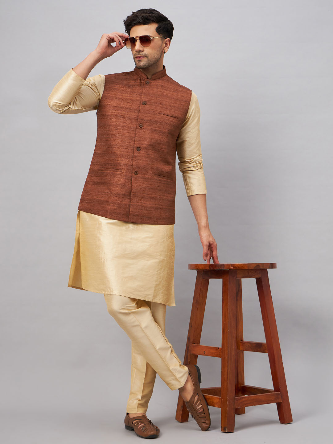 VM BY VASTRAMAY Men's Coffee Jacket With Gold Kurta And Pant Set