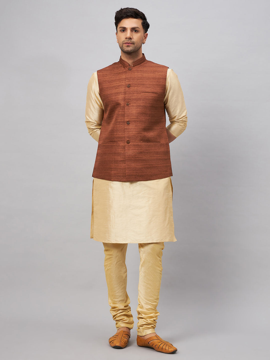 VASTRAMAY Men's Coffee Jacket With Gold Kurta And Pyjama Set