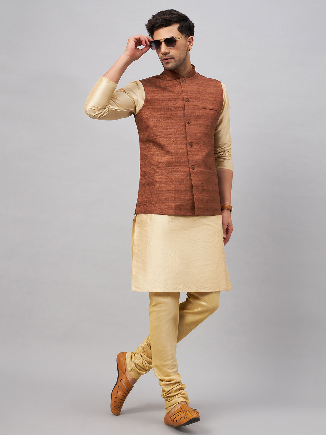 VASTRAMAY Men's Coffee Jacket With Gold Kurta And Pyjama Set