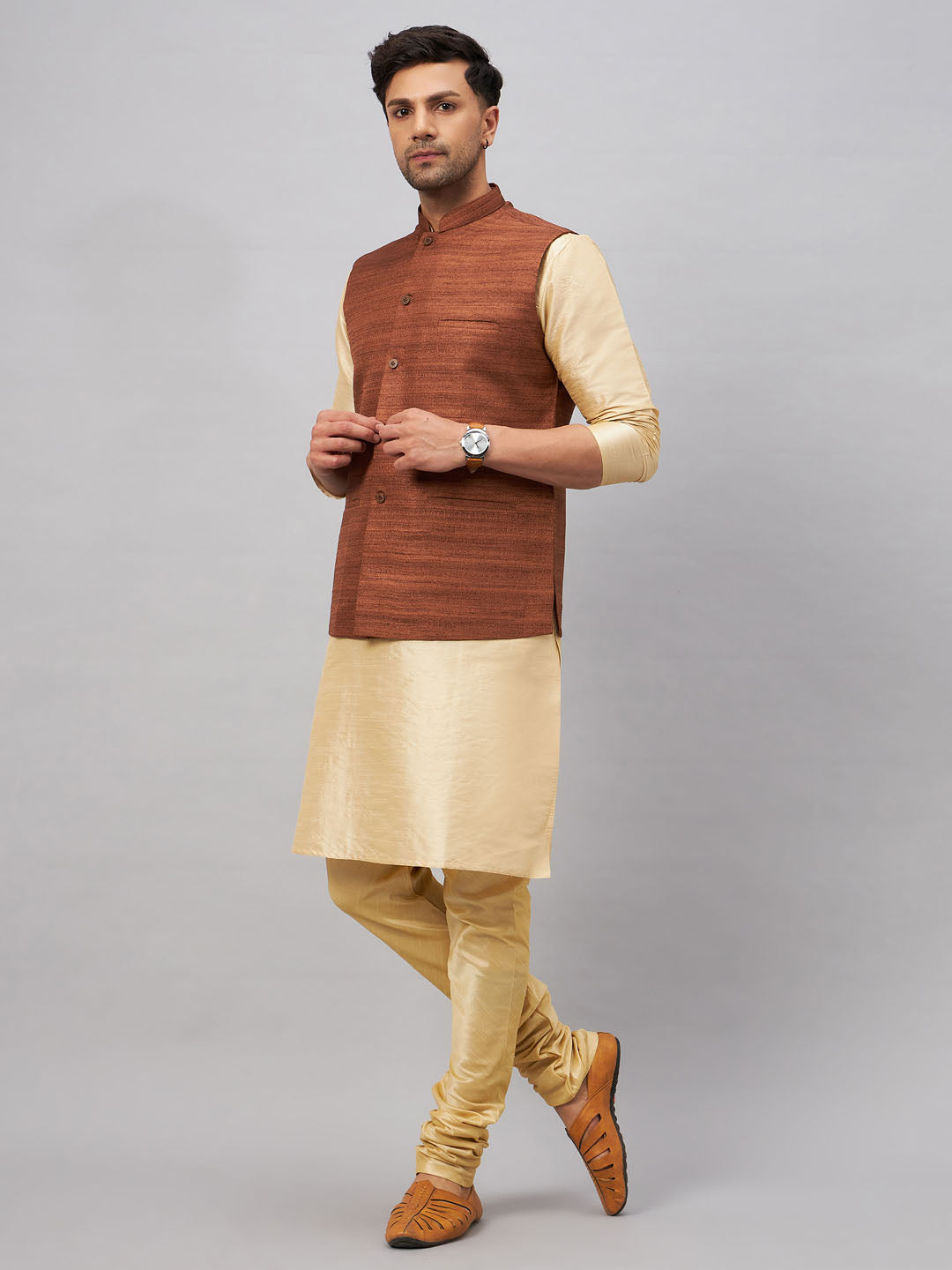 VASTRAMAY Men's Coffee Jacket With Gold Kurta And Pyjama Set