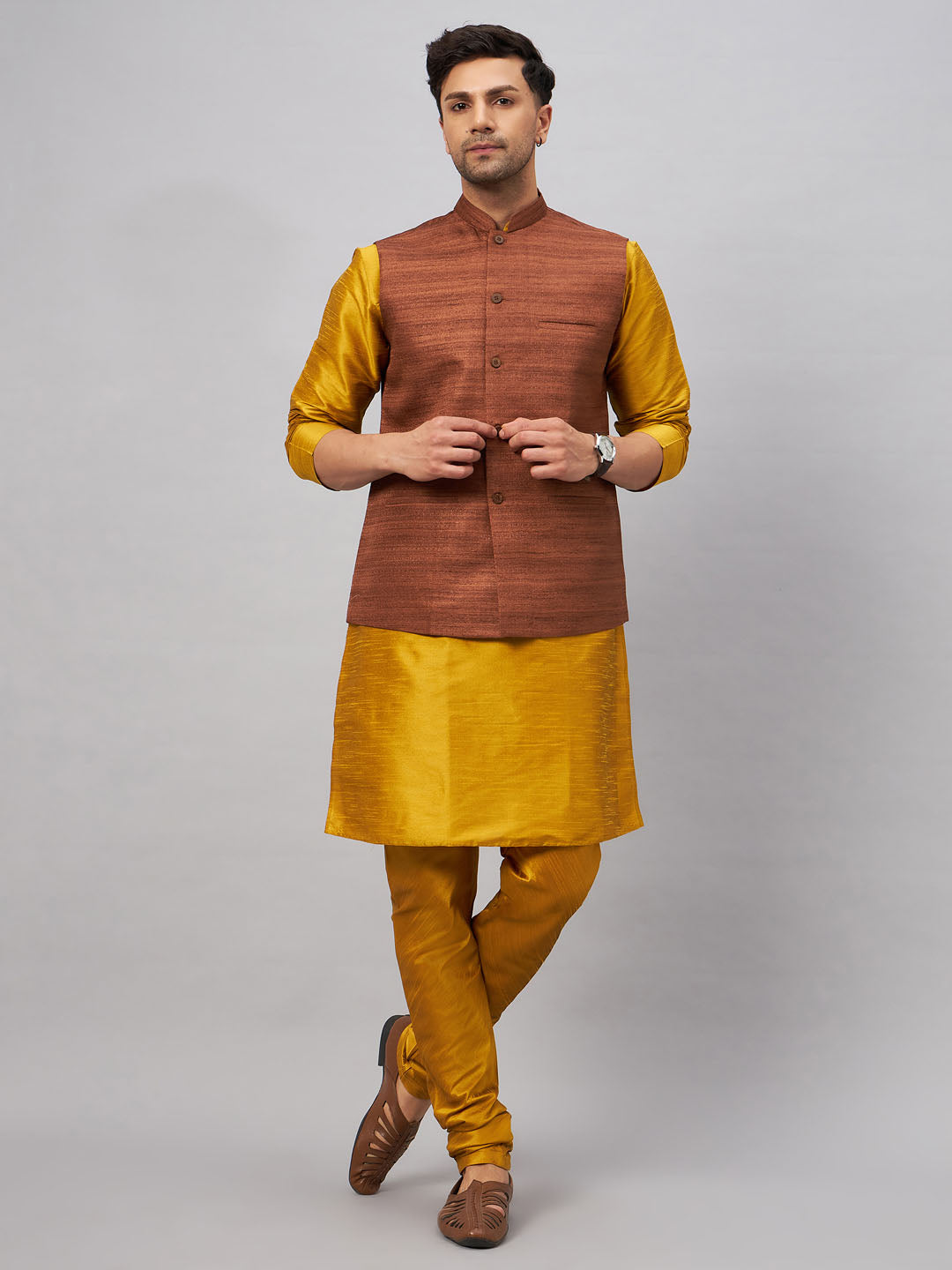 VASTRAMAY Men's Coffee Jacket With Mustard Kurta And Pyjama Set