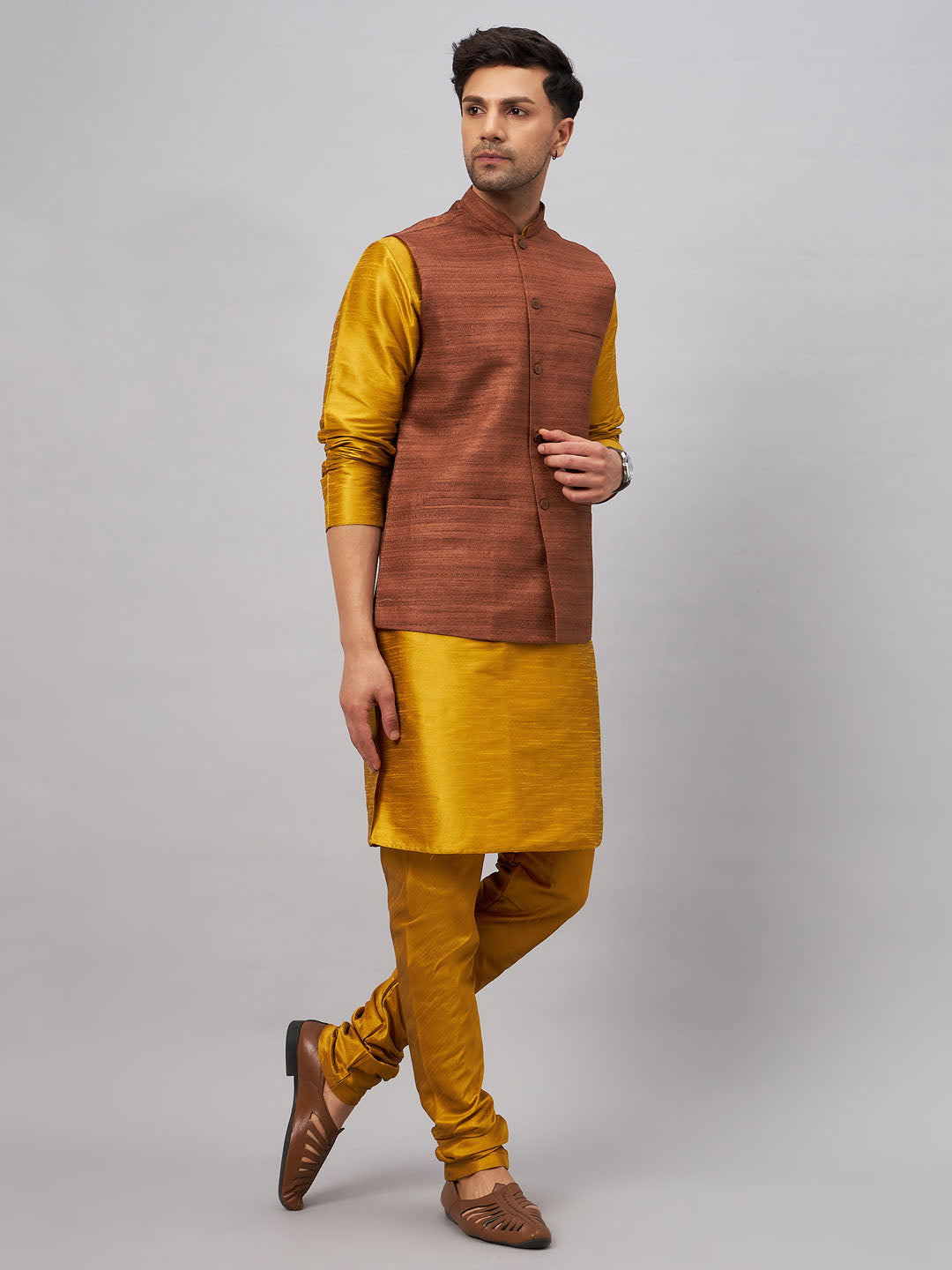 VASTRAMAY Men's Coffee Jacket With Mustard Kurta And Pyjama Set