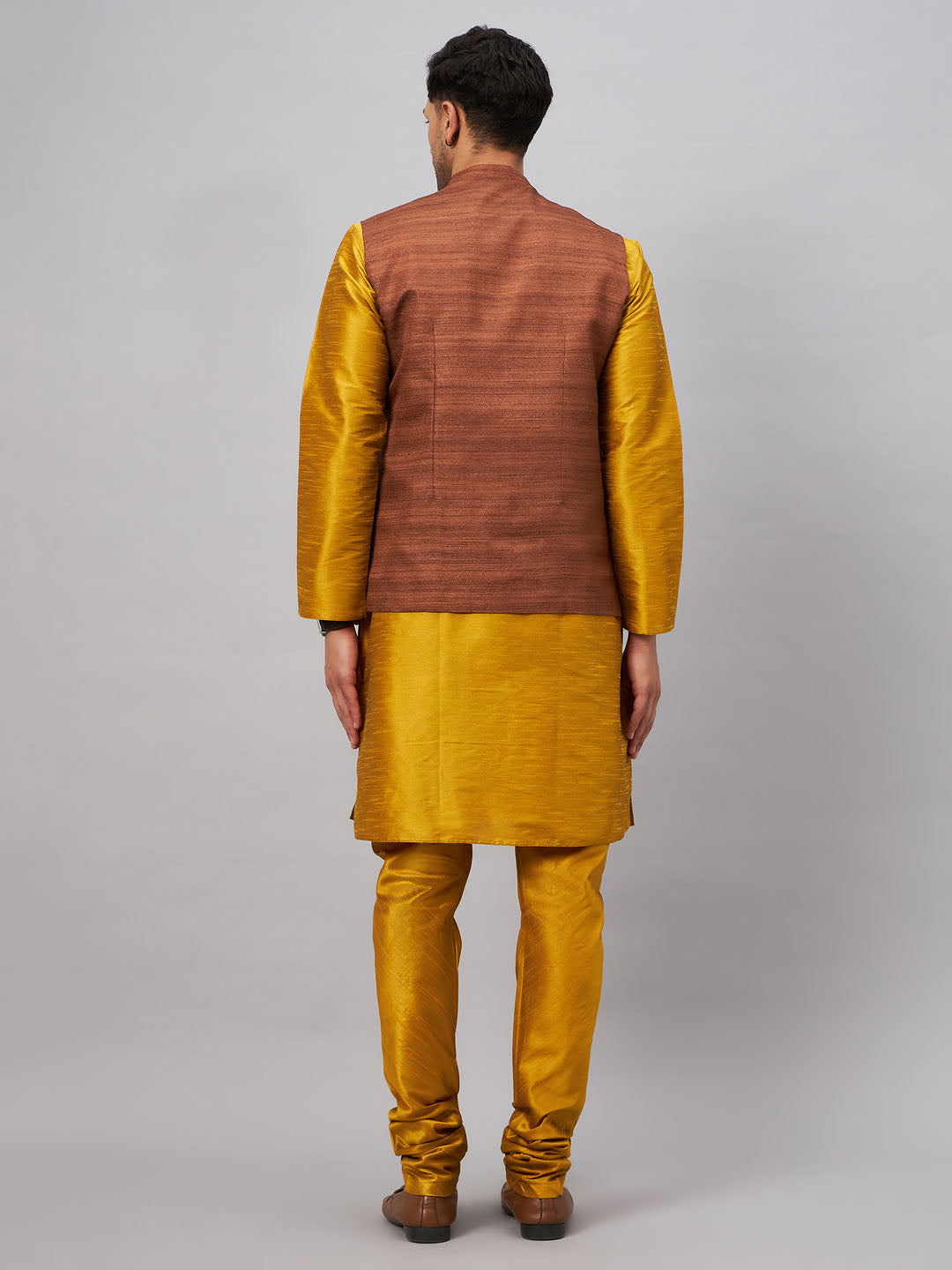 VASTRAMAY Men's Coffee Jacket With Mustard Kurta And Pyjama Set