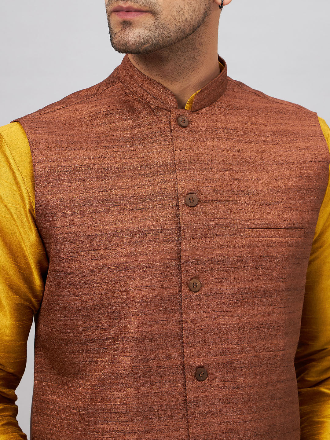 VASTRAMAY Men's Coffee Jacket With Mustard Kurta And Pyjama Set