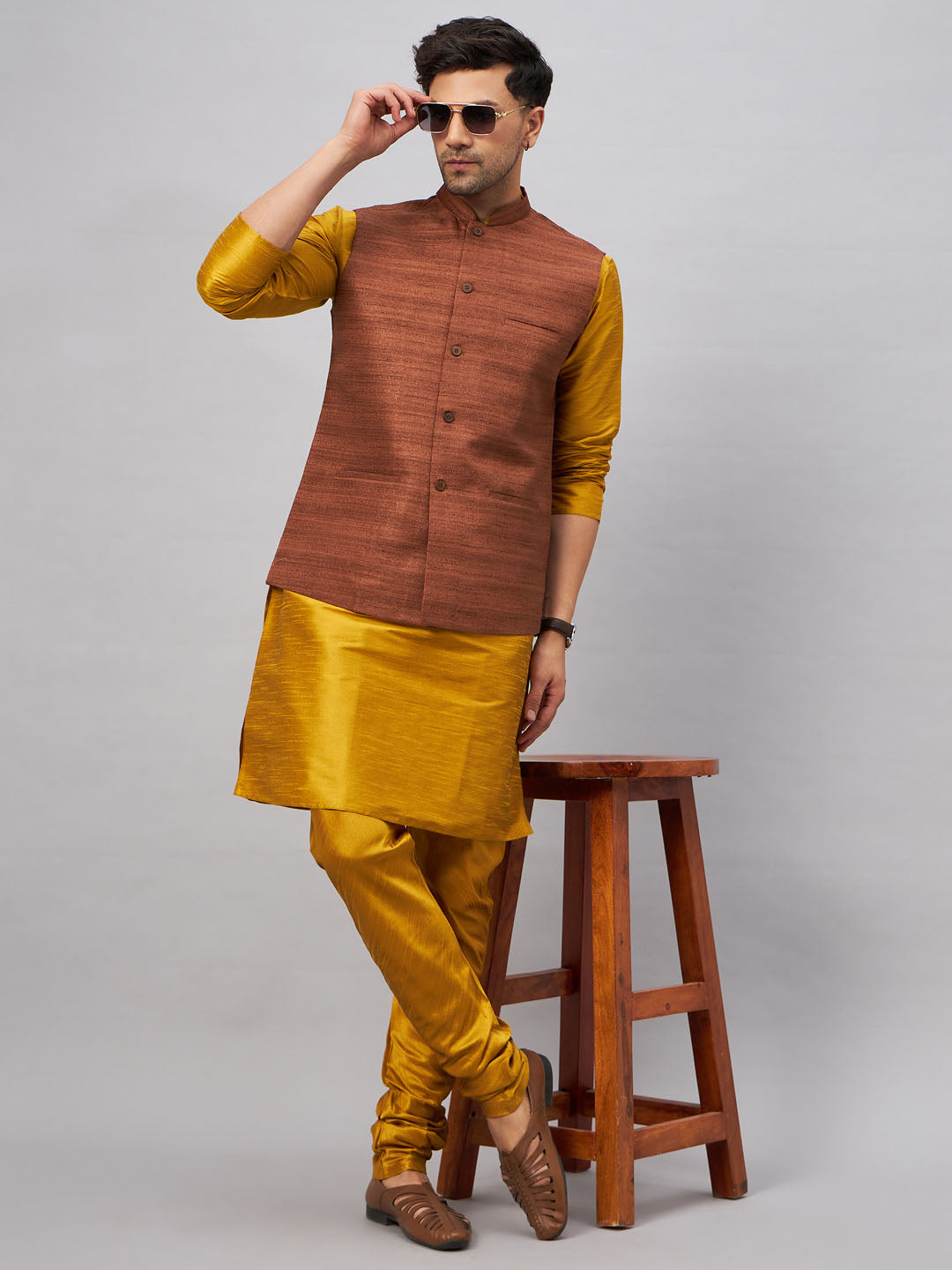 VM BY VASTRAMAY Men's Coffee Jacket With Mustard Kurta And Pyjama Set