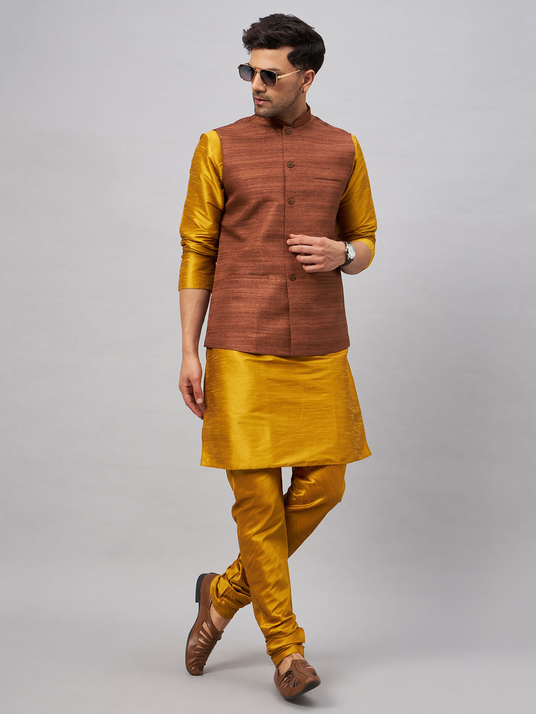 VASTRAMAY Men's Coffee Jacket With Mustard Kurta And Pyjama Set