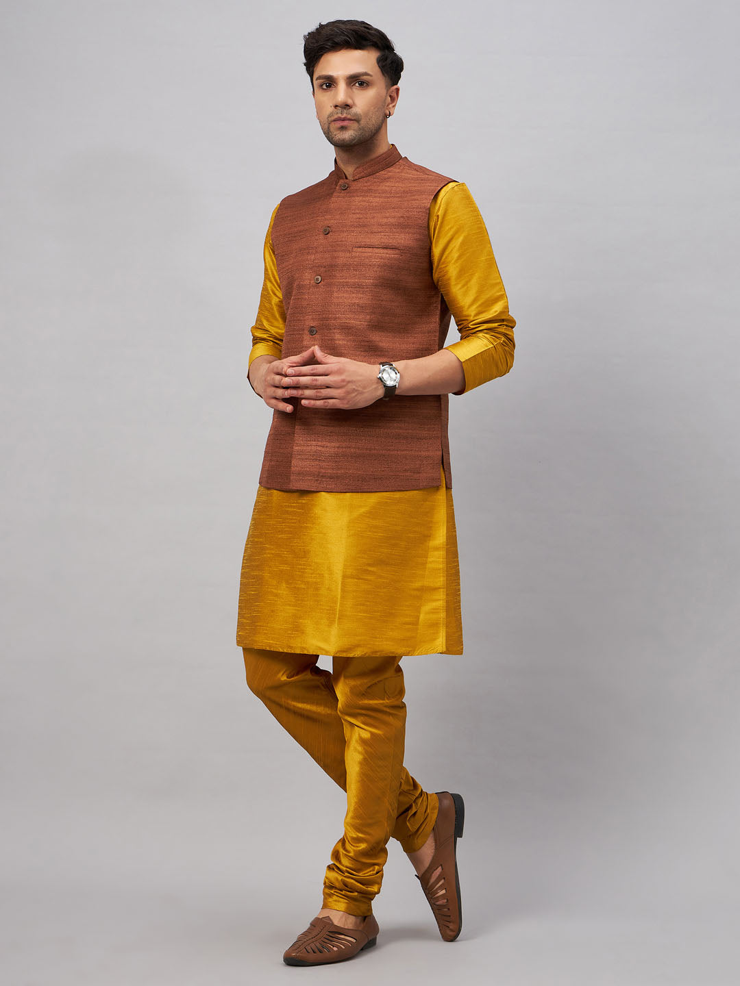 VASTRAMAY Men's Coffee Jacket With Mustard Kurta And Pyjama Set