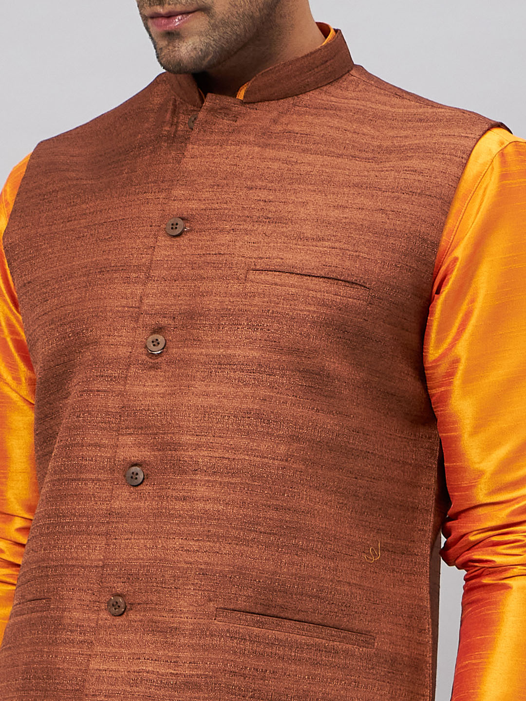 VASTRAMAY Men's Coffee Jacket With Orange Kurta And Pyjama Set