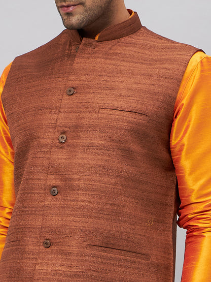 VASTRAMAY Men's Coffee Jacket With Orange Kurta And Pyjama Set