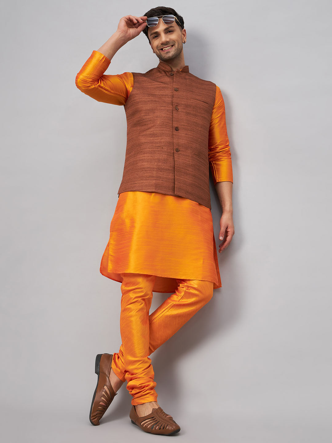 VM BY VASTRAMAY Men's Coffee Jacket With Orange Kurta And Pyjama Set