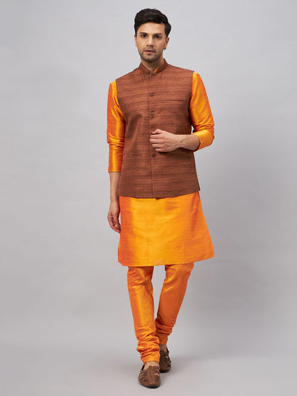 VASTRAMAY Men's Coffee Jacket With Orange Kurta And Pyjama Set