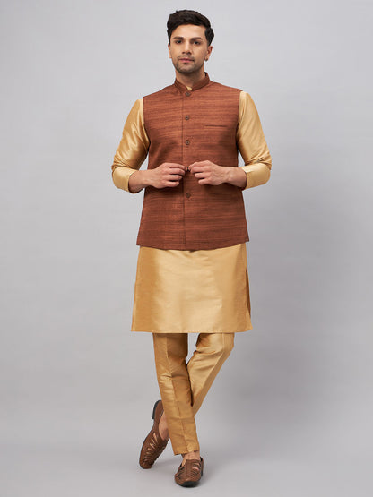 VASTRAMAY Men's Coffee Jacket With Rose Gold Kurta And Pant Set