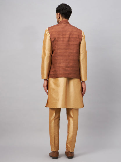 VASTRAMAY Men's Coffee Jacket With Rose Gold Kurta And Pant Set