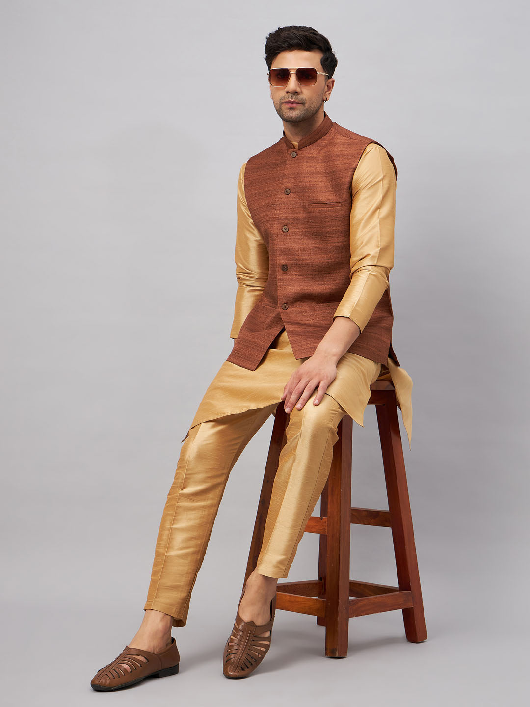 VM BY VASTRAMAY Men's Coffee Jacket With Rose Gold Kurta And Pant Set