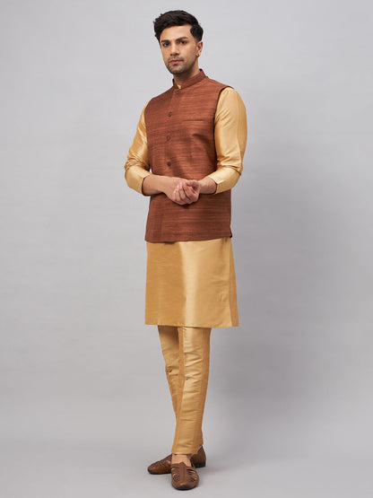 VASTRAMAY Men's Coffee Jacket With Rose Gold Kurta And Pant Set