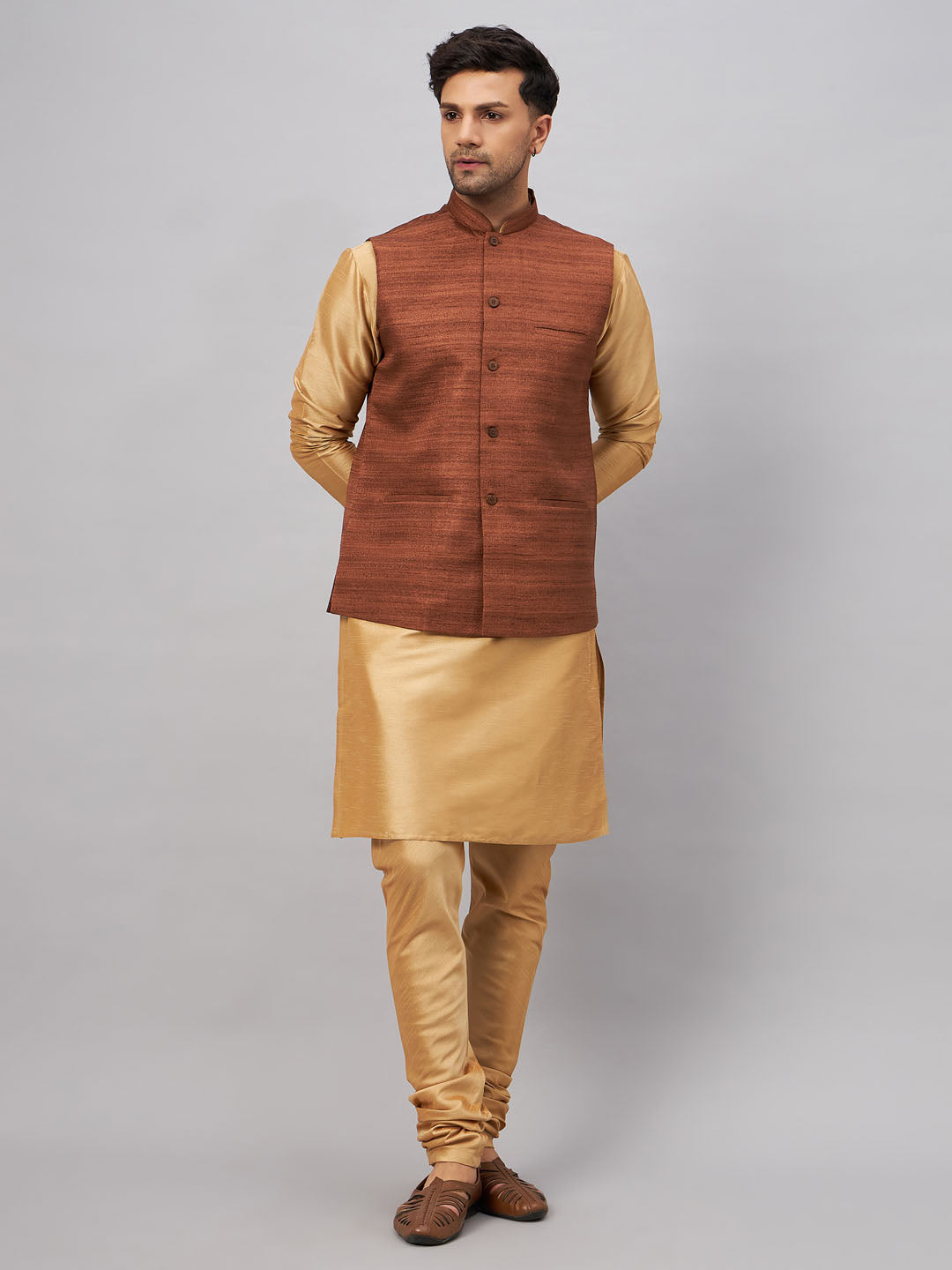 VASTRAMAY Men's Coffee Jacket With Rose Gold Kurta And Pyjama Set