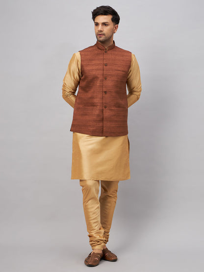 VASTRAMAY Men's Coffee Jacket With Rose Gold Kurta And Pyjama Set