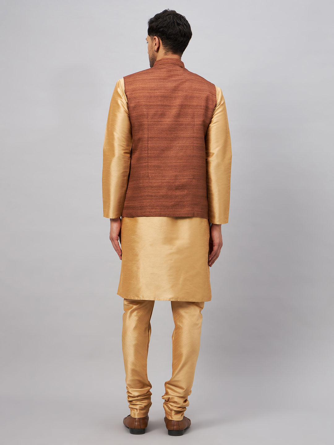 VASTRAMAY Men's Coffee Jacket With Rose Gold Kurta And Pyjama Set