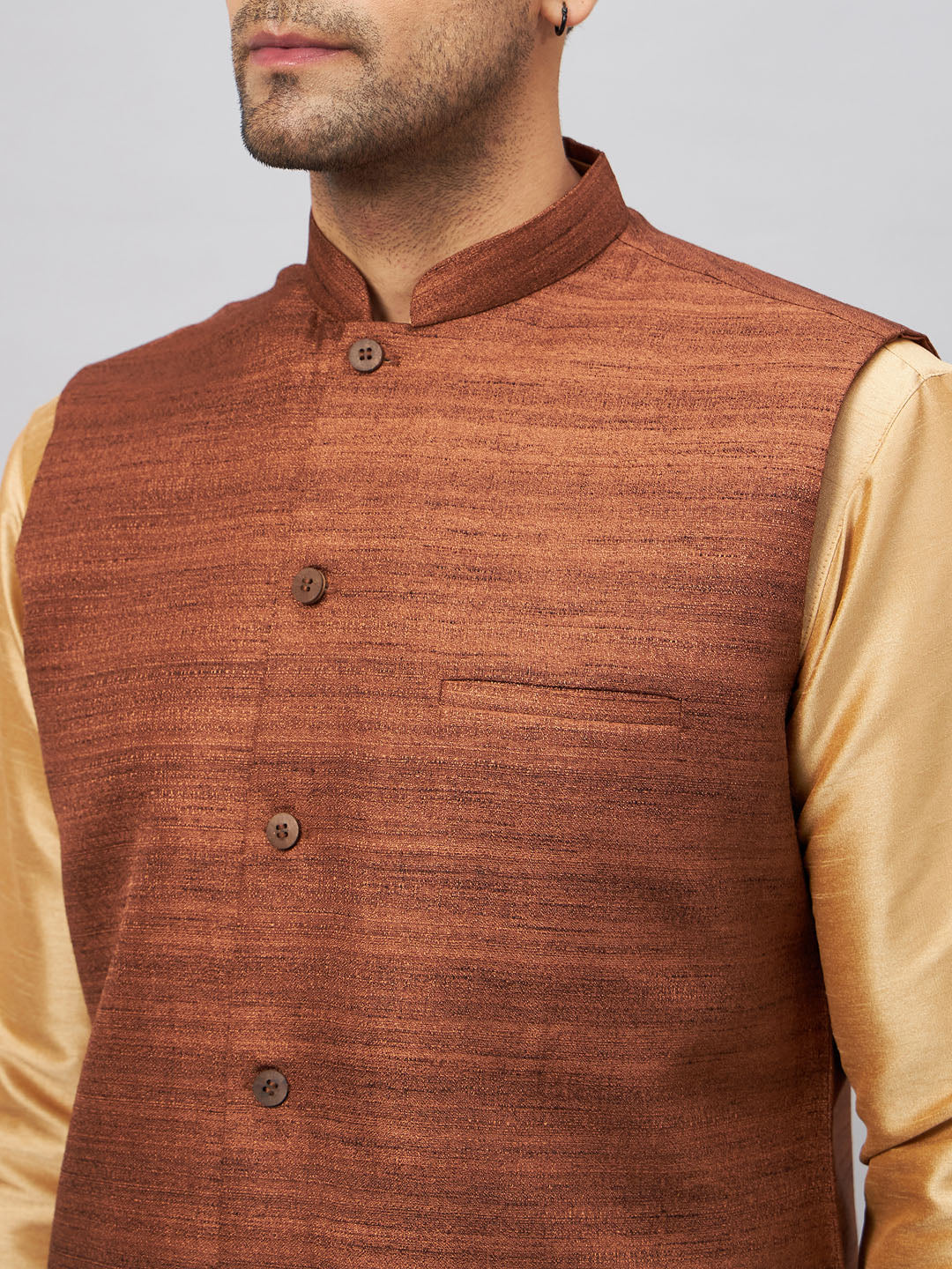 VASTRAMAY Men's Coffee Jacket With Rose Gold Kurta And Pyjama Set