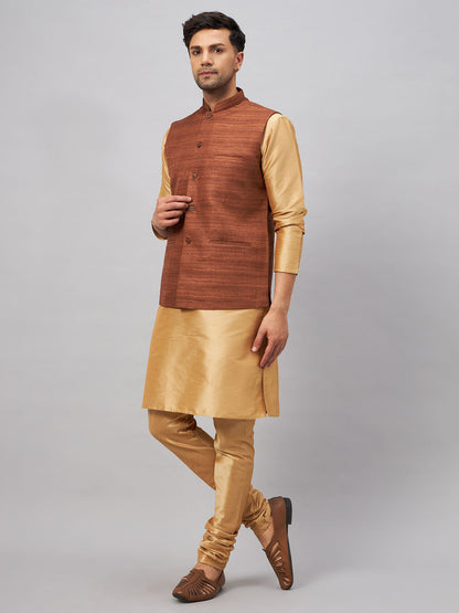 VASTRAMAY Men's Coffee Jacket With Rose Gold Kurta And Pyjama Set