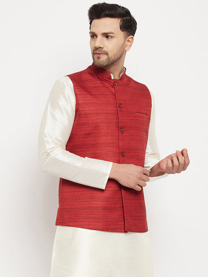 Vastramay  Men's Maroon Silk Blend Nehru Jacket