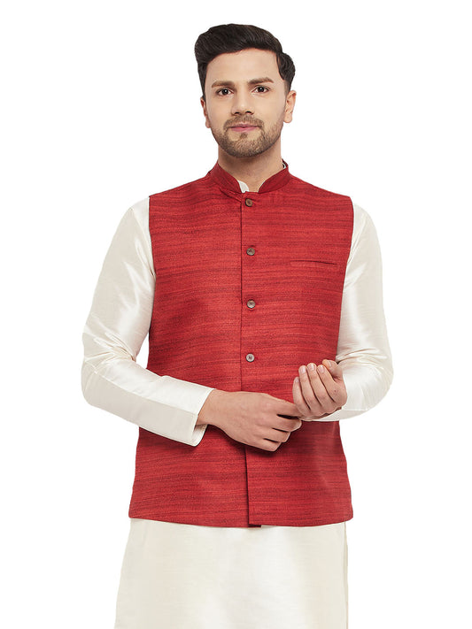 Vastramay  Men's Maroon Silk Blend Nehru Jacket