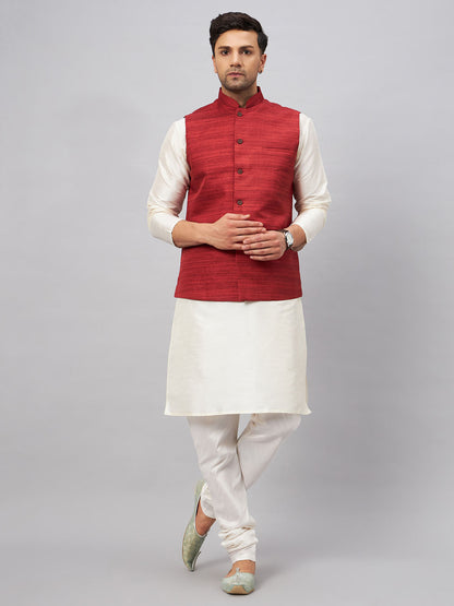 VASTRAMAY Men's Maroon Matka Silk Nehru Jacket With Cream Silk Blend Kurta Pyjama Set