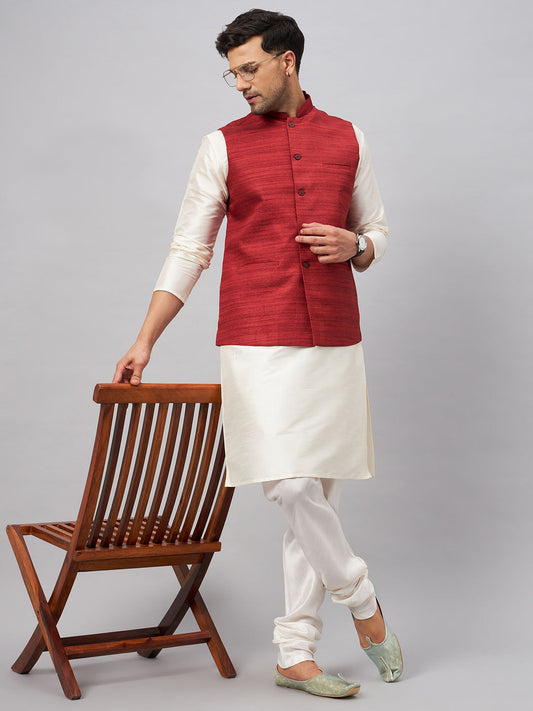 VM BY VASTRAMAY Men's Maroon Matka Silk Nehru Jacket With Cream Silk Blend Kurta Pyjama Set