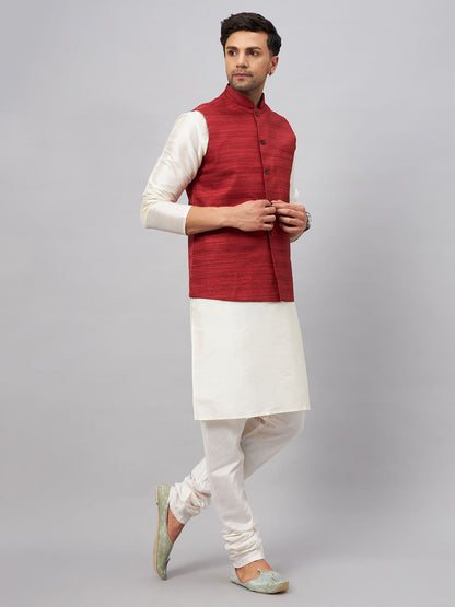 VASTRAMAY Men's Maroon Matka Silk Nehru Jacket With Cream Silk Blend Kurta Pyjama Set