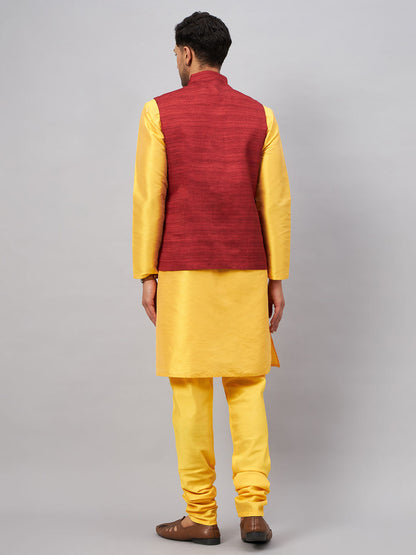 VASTRAMAY Men's Maroon Jacket With Yellow Kurta And Pyjama Set