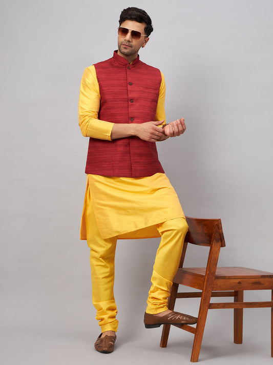 VASTRAMAY Men's Maroon Jacket With Yellow Kurta And Pyjama Set