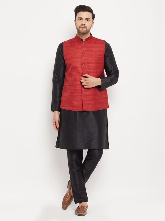 copy of Vastramay mens maroon matka silk nehru jacket with black silk blend kurta and pant style pyjama set