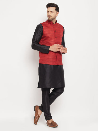 copy of Vastramay mens maroon matka silk nehru jacket with black silk blend kurta and pant style pyjama set