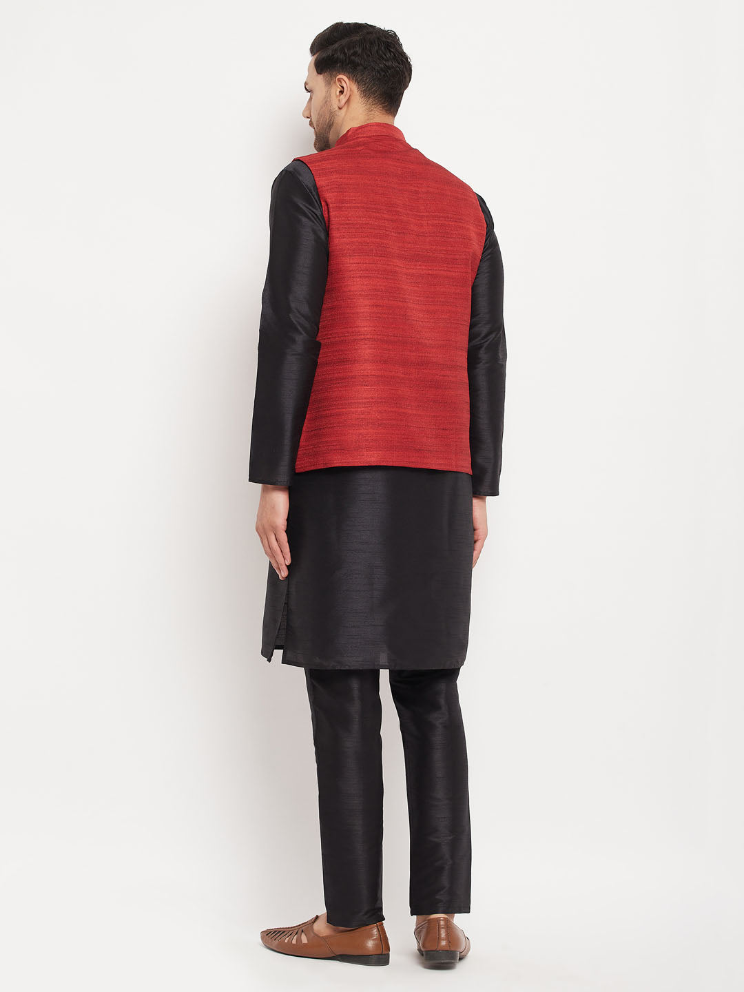 copy of Vastramay mens maroon matka silk nehru jacket with black silk blend kurta and pant style pyjama set