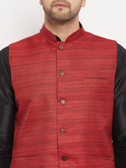 copy of Vastramay mens maroon matka silk nehru jacket with black silk blend kurta and pant style pyjama set