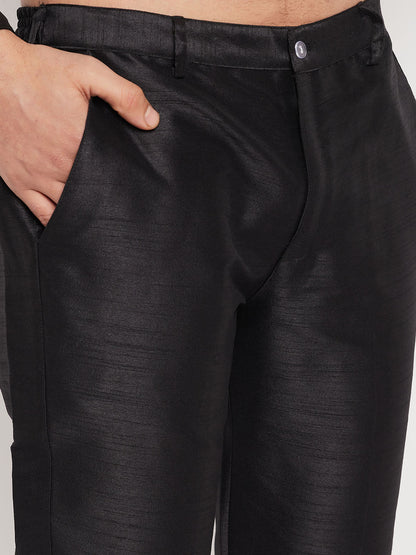 copy of Vastramay mens maroon matka silk nehru jacket with black silk blend kurta and pant style pyjama set