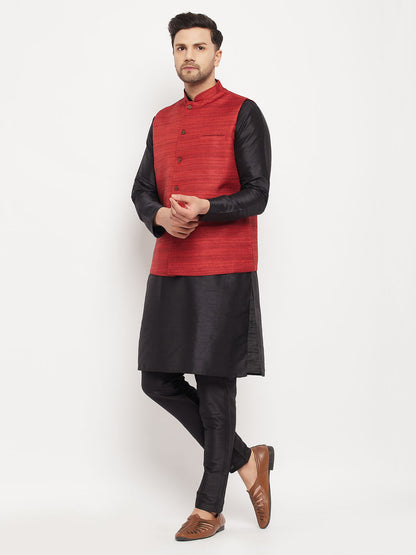 copy of Vastramay mens maroon matka silk nehru jacket with black silk blend kurta and pant style pyjama set