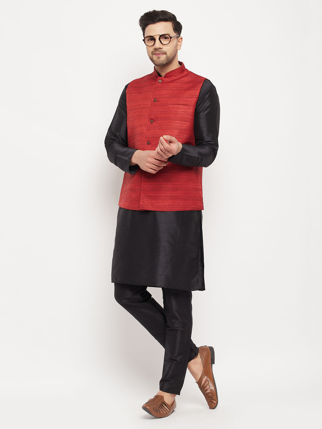 copy of Vastramay mens maroon matka silk nehru jacket with black silk blend kurta and pant style pyjama set