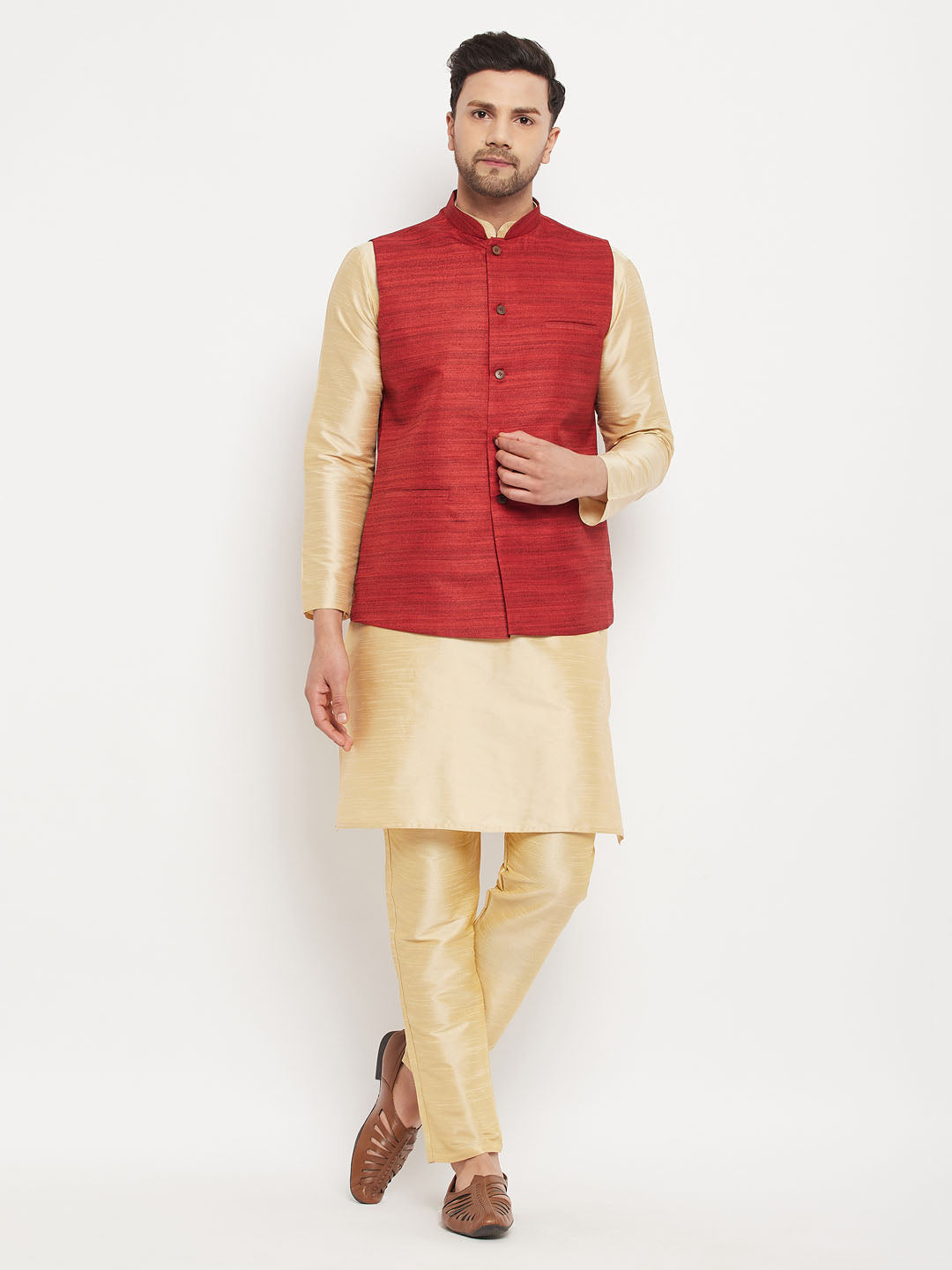 Vastramay mens maroon matka silk nehru jacket with gold silk blend kurta and pant style pyjama set