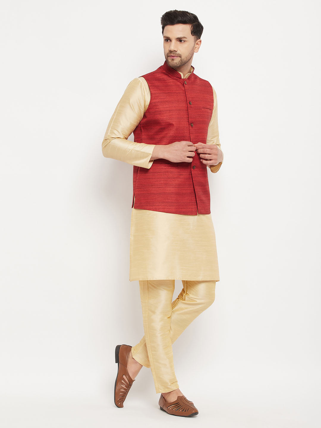 Vastramay mens maroon matka silk nehru jacket with gold silk blend kurta and pant style pyjama set