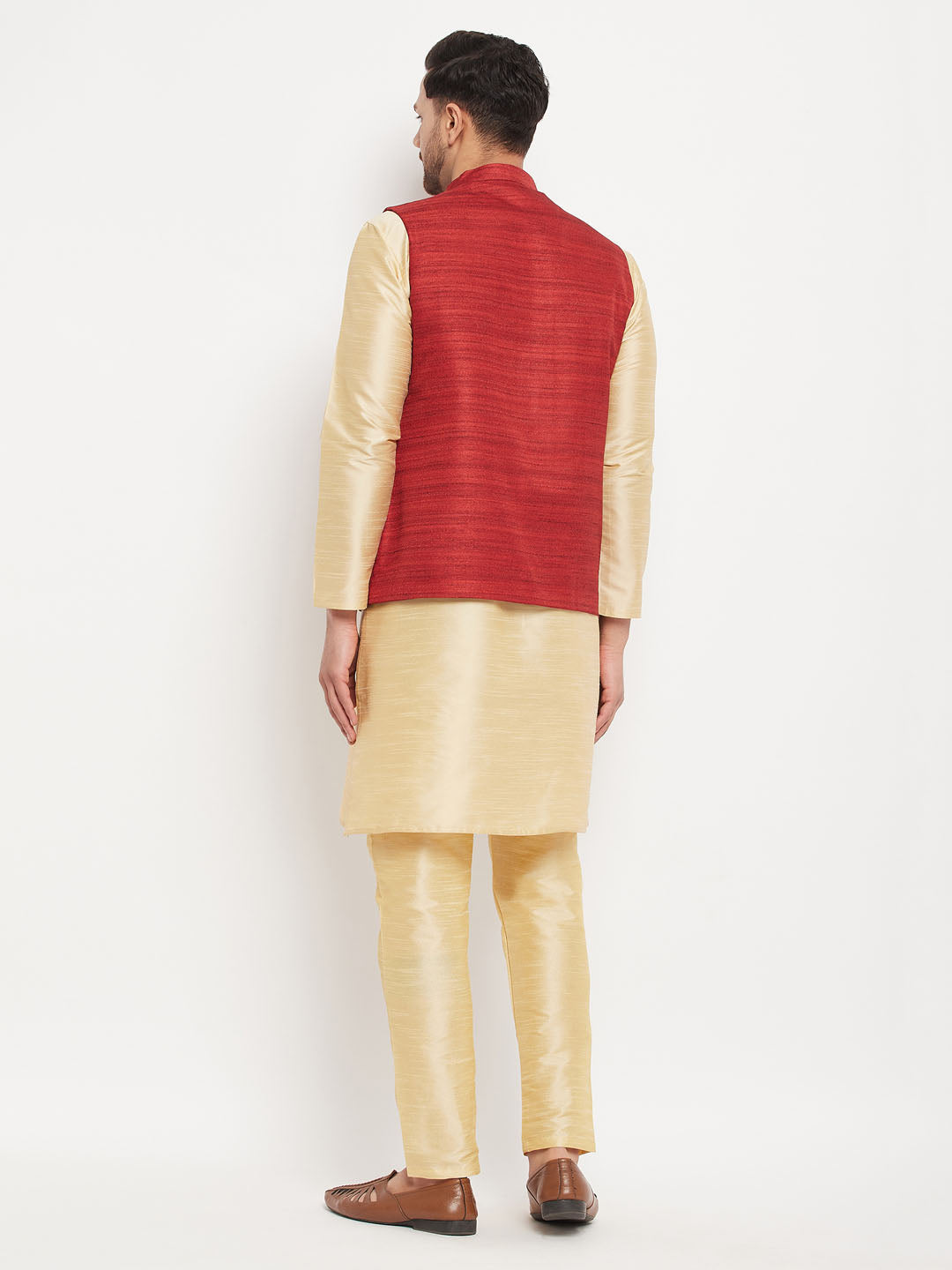 Vastramay mens maroon matka silk nehru jacket with gold silk blend kurta and pant style pyjama set