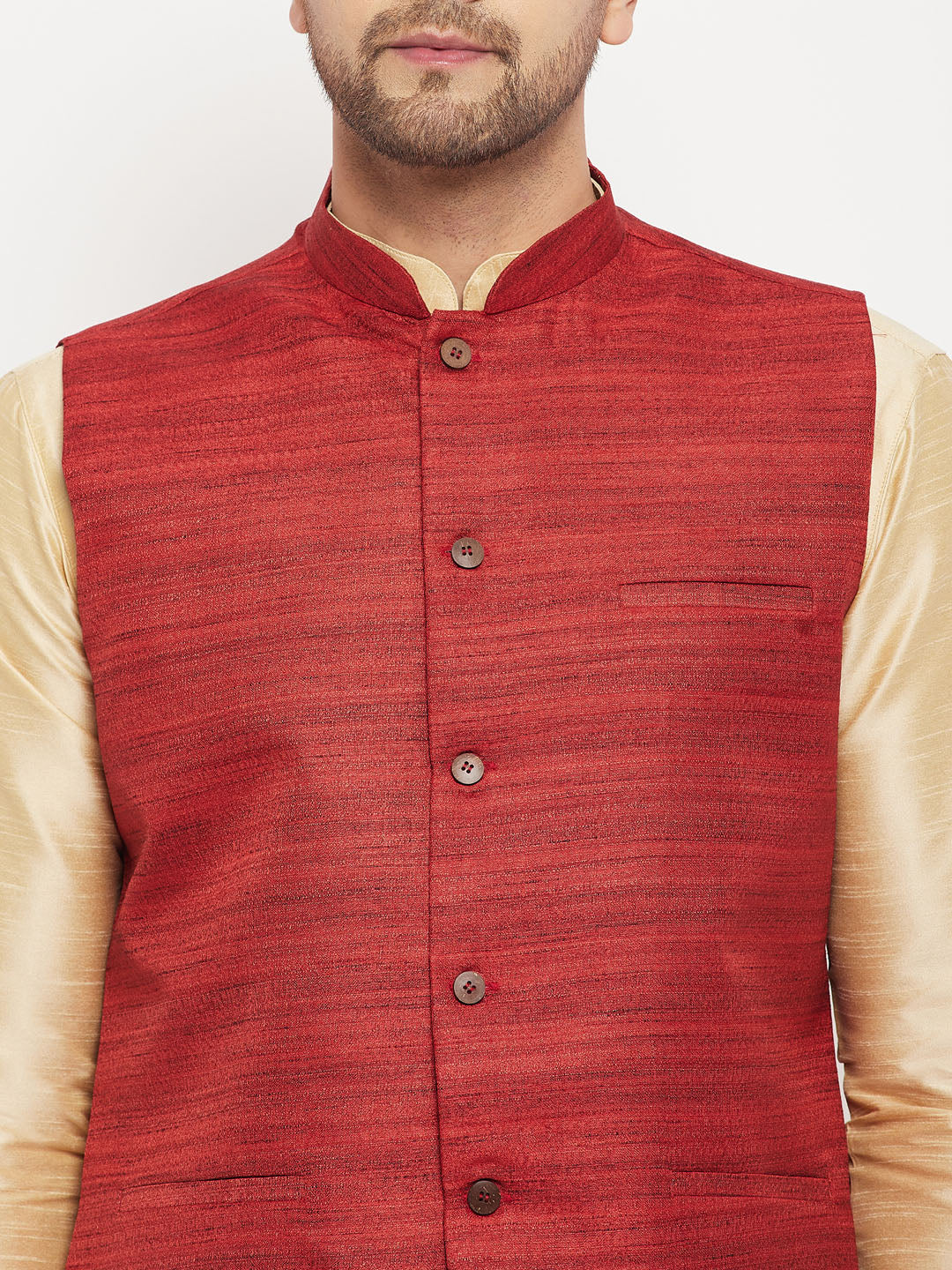 Vastramay mens maroon matka silk nehru jacket with gold silk blend kurta and pant style pyjama set