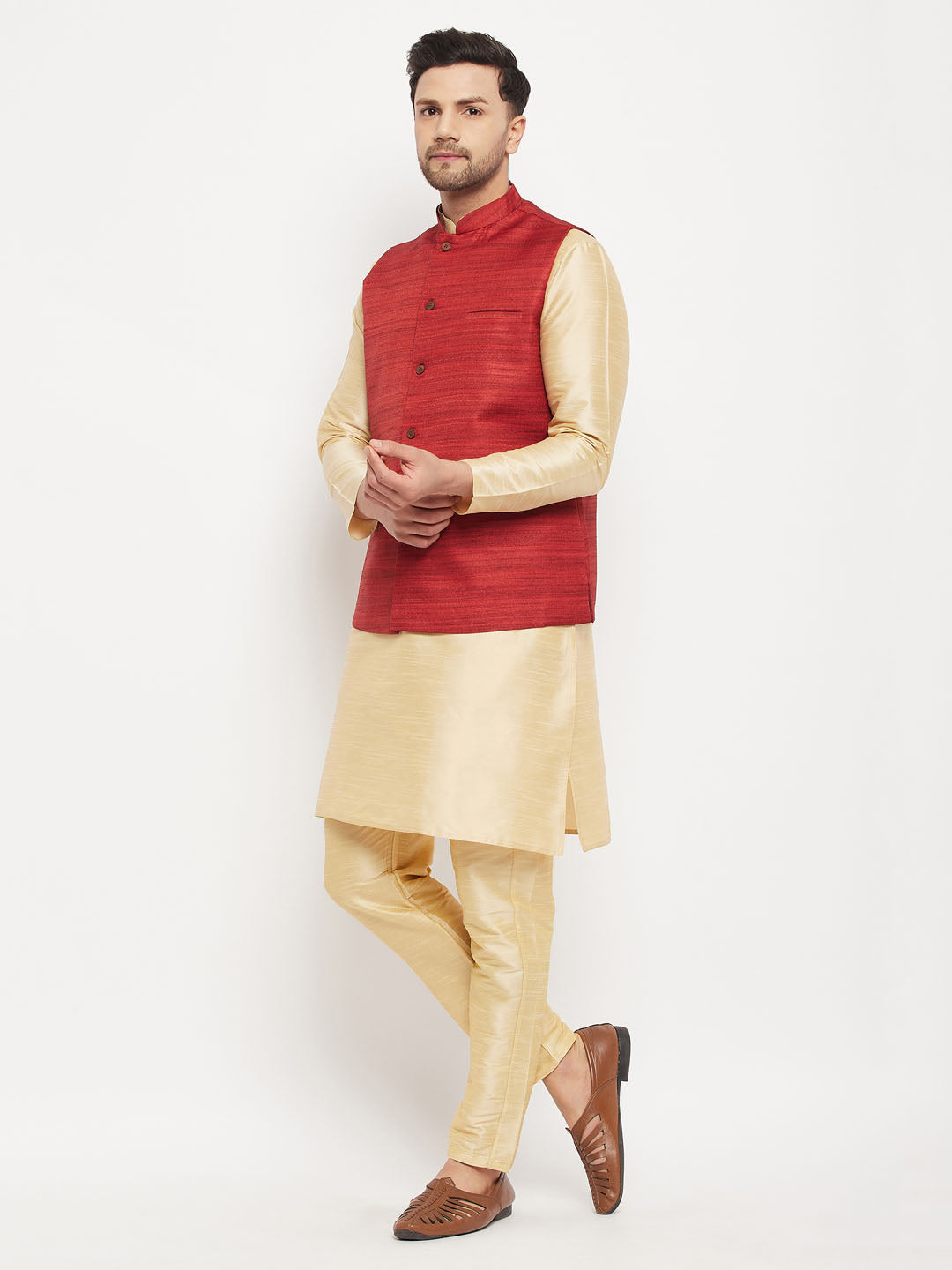 Vastramay mens maroon matka silk nehru jacket with gold silk blend kurta and pant style pyjama set